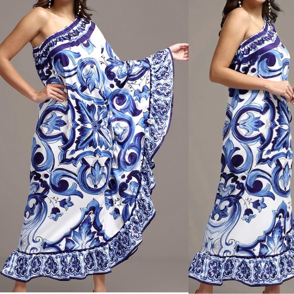 NWT Dalia Macphee Blue & White Floral Printed One Shoulder Ruffled Maxi Dress